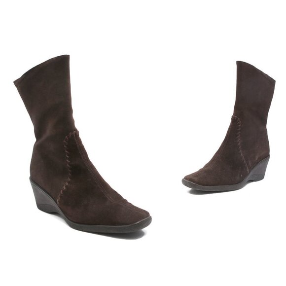 Aquatalia Suede Wedge Boots Winter Brown Y2K Square Toe Warm Lined Size Zip - Picture 9 of 12